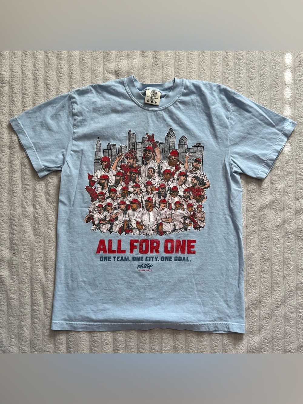 'All For One' Phillies Graphic Tee Comfort Colors Light Blue Size M